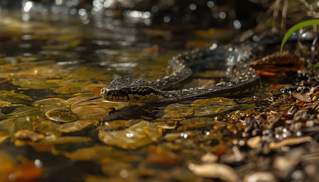 A queen snake resting beside a freshwater stream