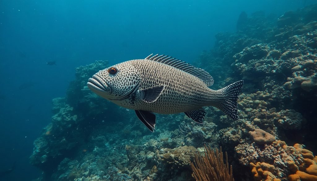 A large Queensland grouper swimming near a coral reef