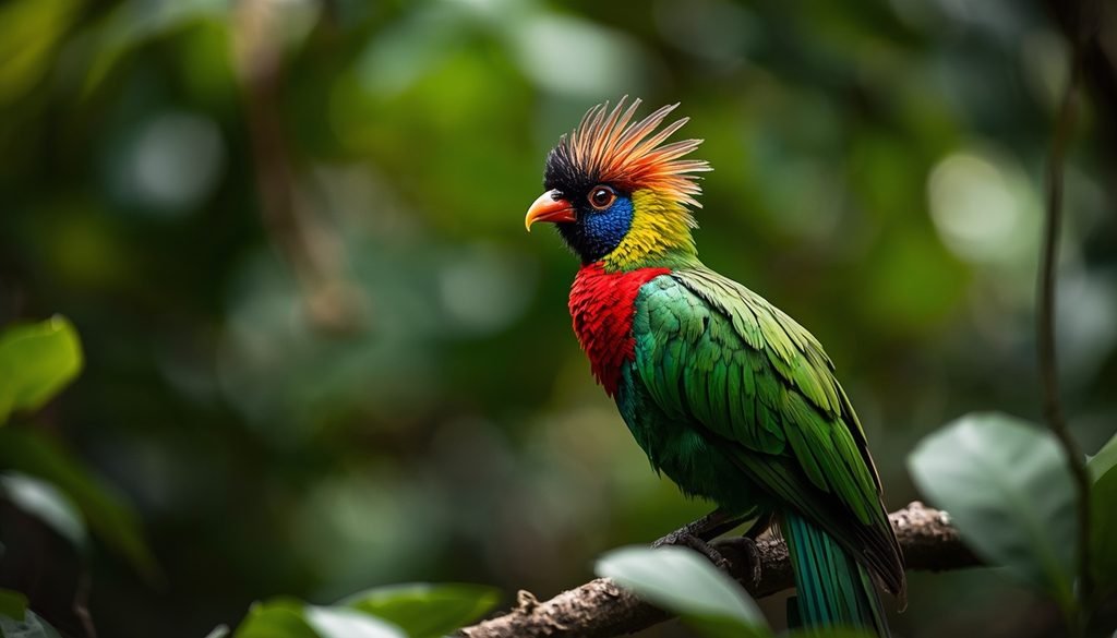 A resplendent quetzal bird with colorful feathers in a tropical forest