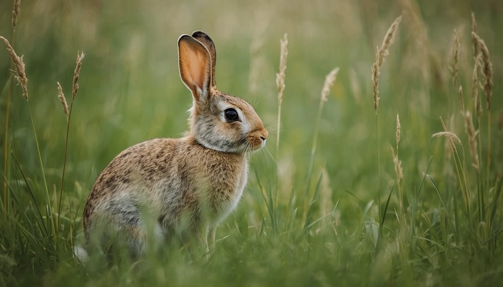 European rabbit sitting among meadow grasses