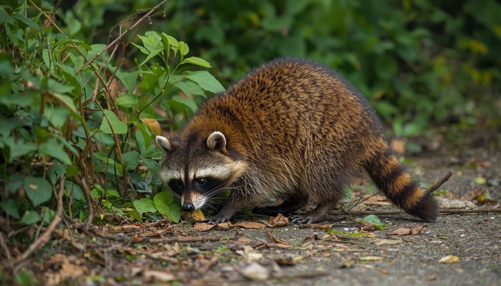 Raccoon searching for food near woodland vegetation