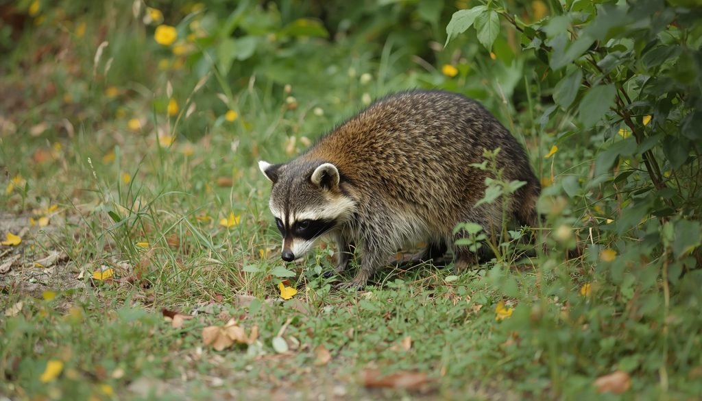 Raccoon foraging near vegetation where wild rabbits may nest.
