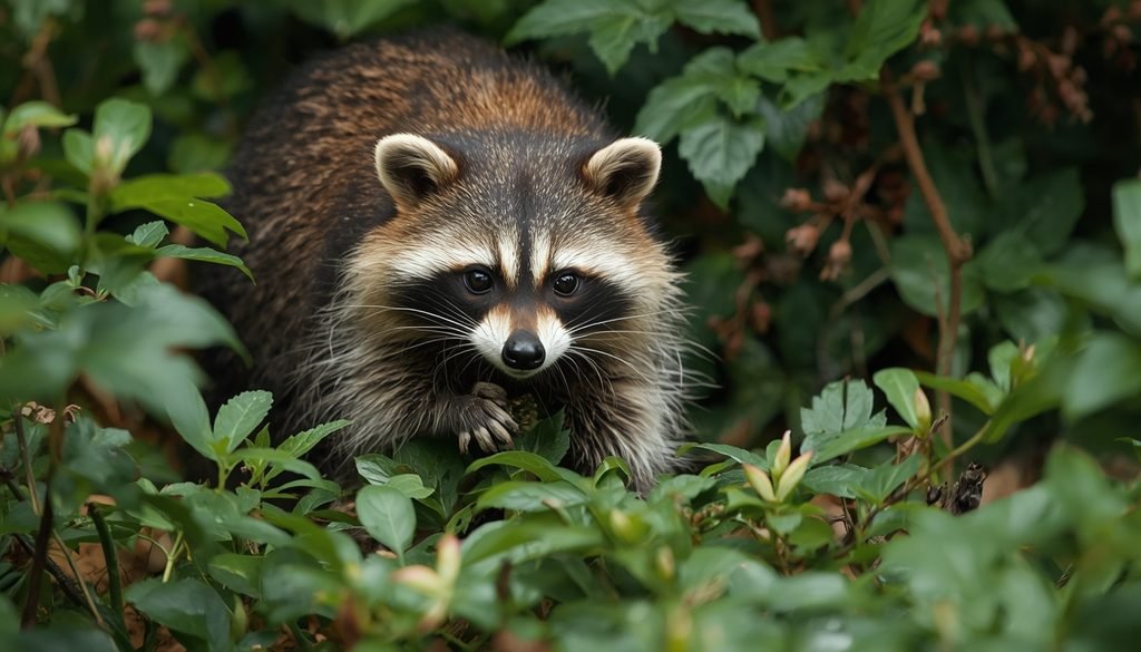 Raccoon foraging among leaves and vegetation for small animals