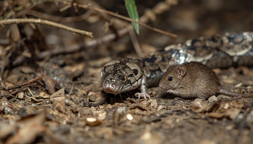 Rat snake near a mouse in its natural habitat