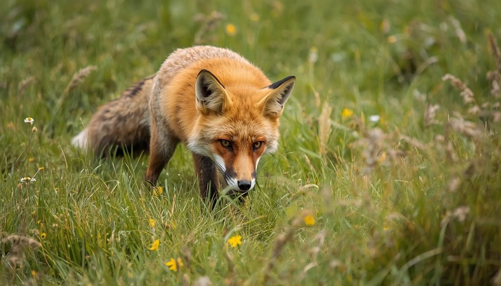 Red fox quietly searching for prey in a grassy habitat