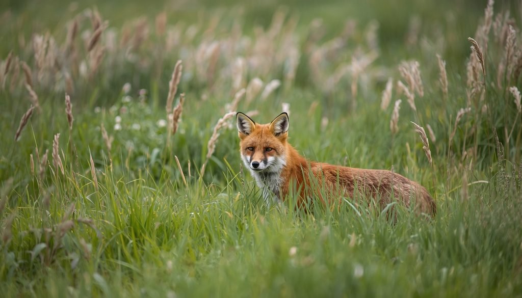 Red fox in a grassy habitat, a natural predator of wild rabbits.
