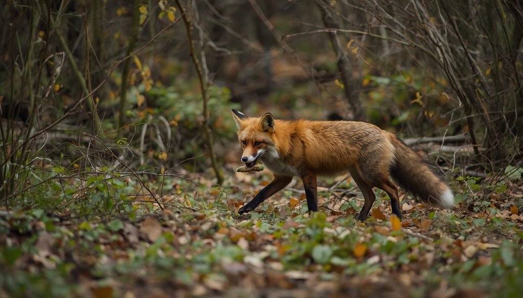 Red fox carrying food through a woodland habitat