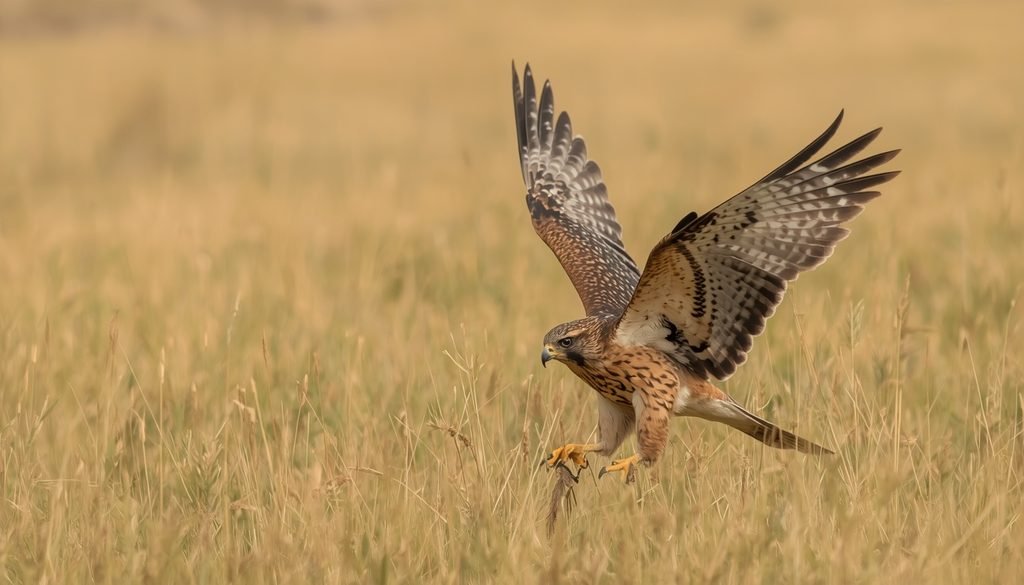 Red-tailed hawk scanning a field for small mammal prey.
