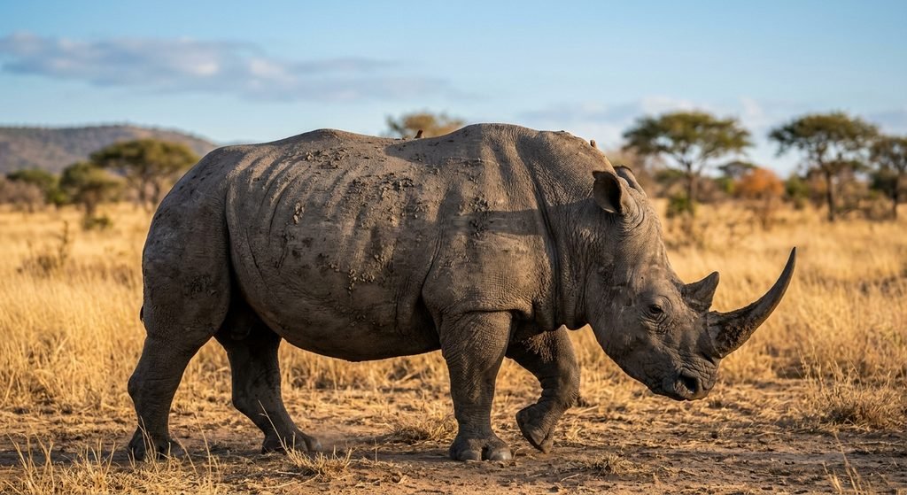 Rhinoceros with relatively small eyes, thick skin, and a prominent horn