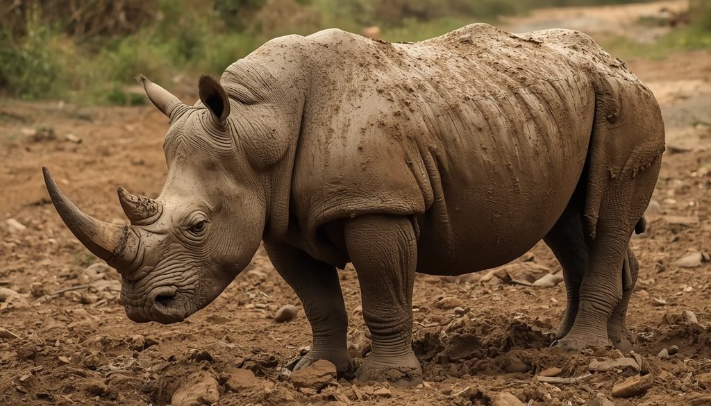 Rhinoceros with thick folded skin covered in mud