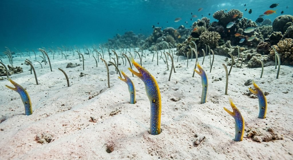 Blue and yellow ribbon eel emerging from a burrow near a coral reef