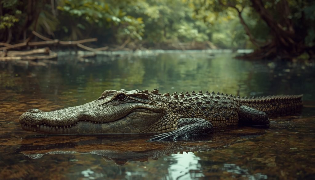 Saltwater crocodile resting beside a tropical river.