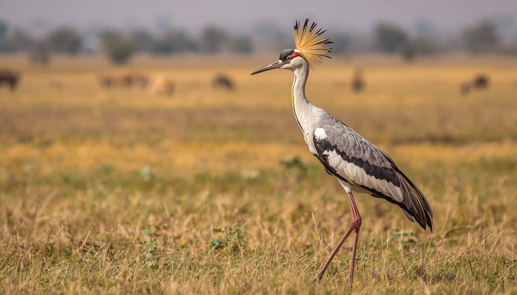Secretary bird standing on long legs in an open African savanna