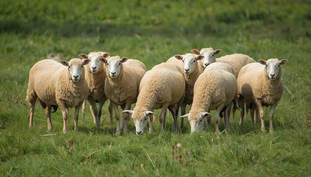 Flock of sheep grazing together in a green pasture