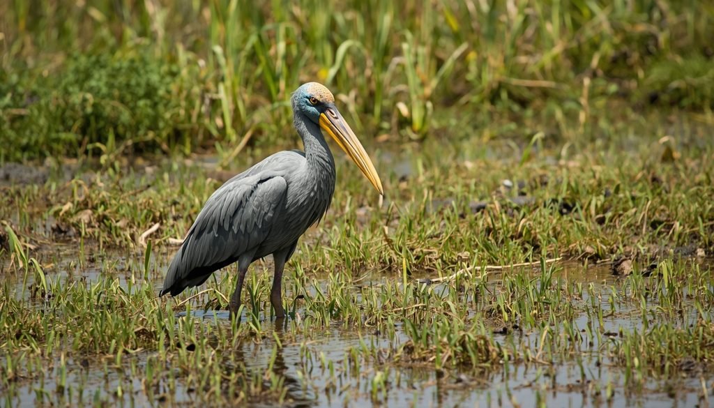 Shoebill standing in an African wetland with its large shoe-shaped bill