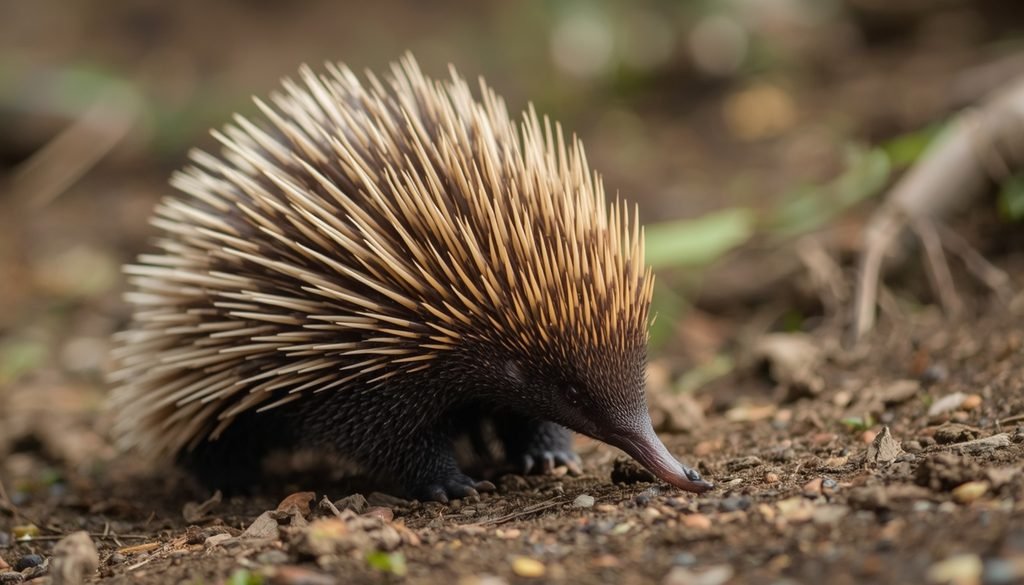 Short-beaked echidna with protective spines searching for insects on the ground