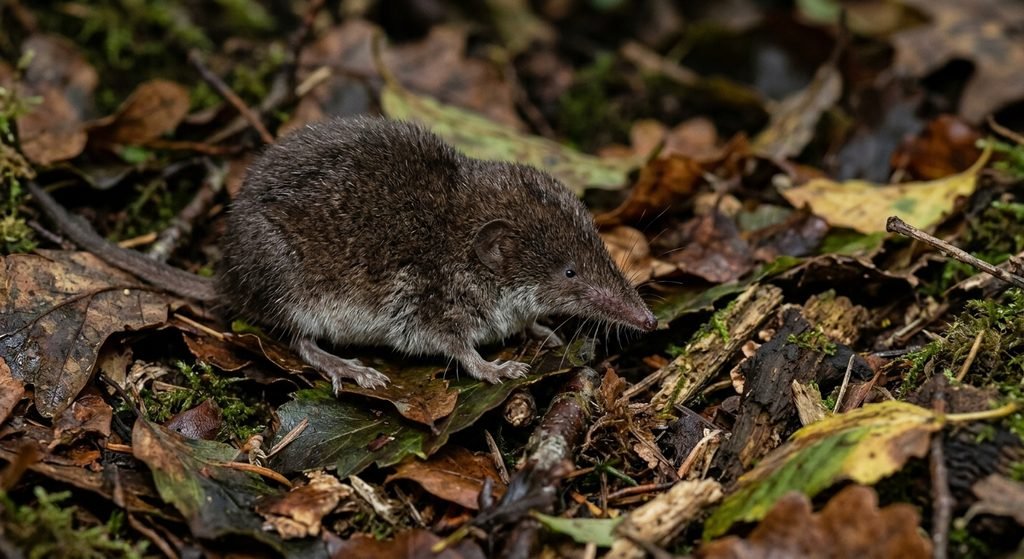 Small shrew with tiny eyes, dense fur, and a pointed snout among leaf litter