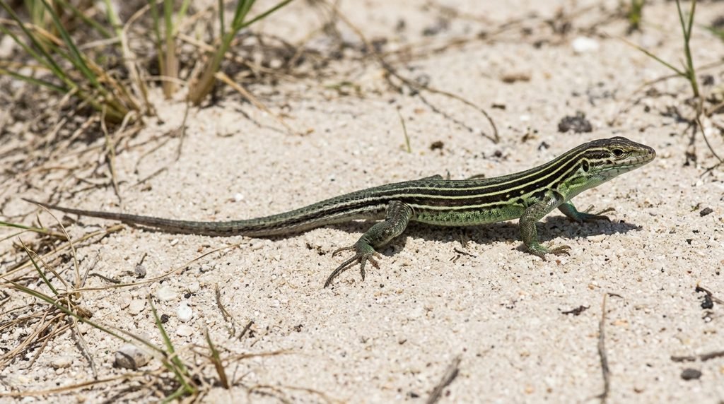 Six-lined racerunner showing its distinctive stripes on sandy ground