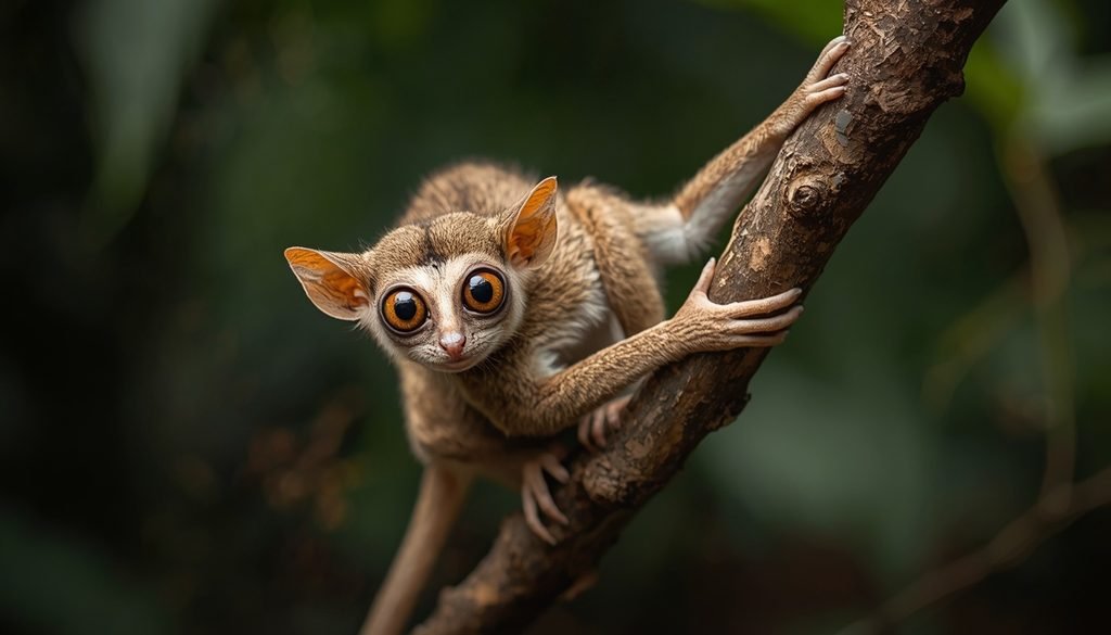 Slender loris with large eyes and thin limbs climbing a tree branch