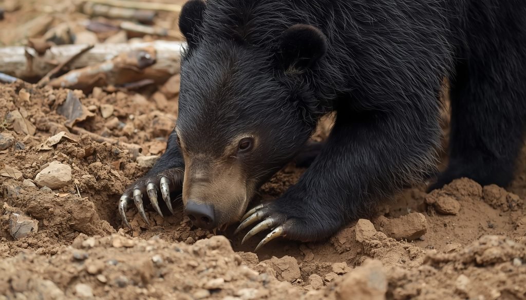 Sloth bear using long curved claws while digging