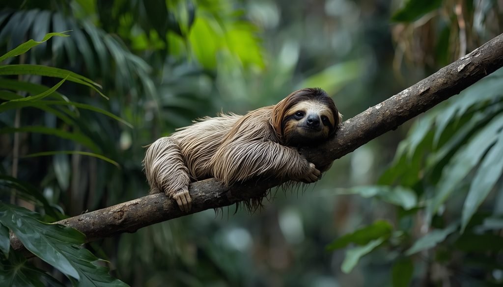 Sloth resting on a branch in a tropical rainforest