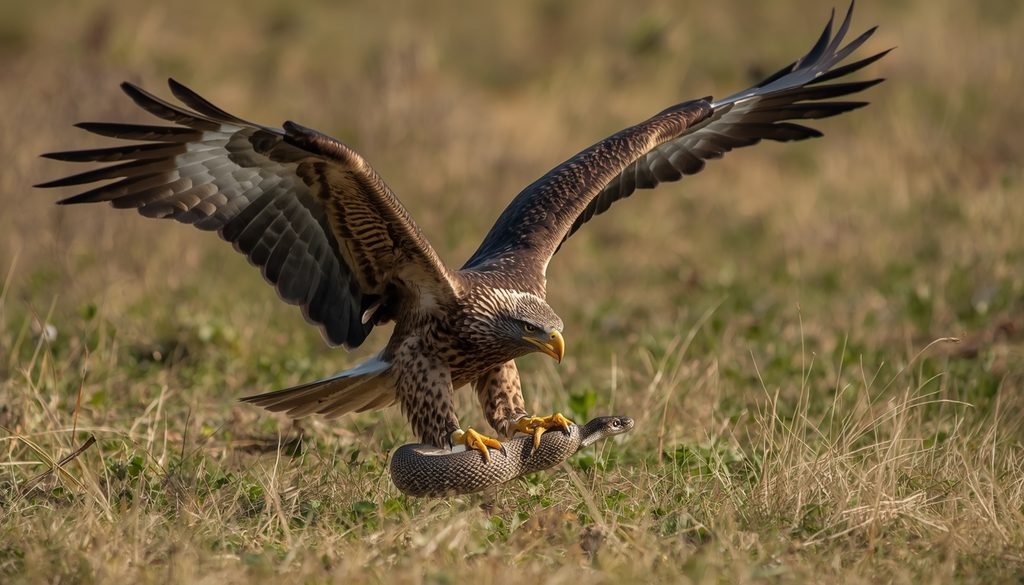 Snake eagle catching a snake with its talons in the wild