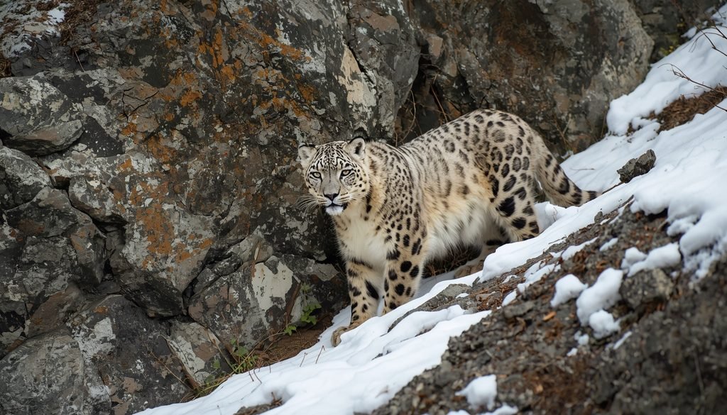 Snow leopard blending into a rocky mountain slope