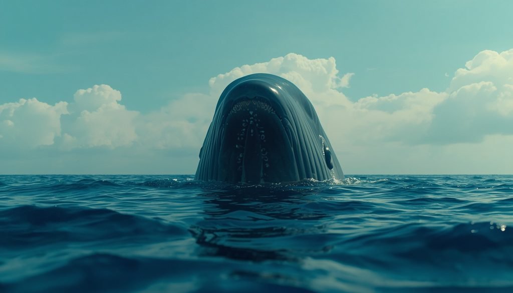 Sperm whale showing its large head at the ocean surface.