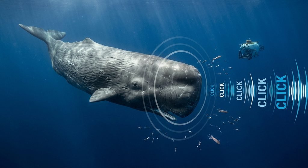 A sperm whale swimming in the deep ocean, known for its powerful echolocation clicks