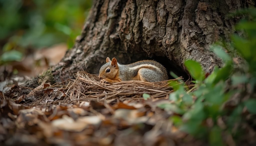 Tree squirrel resting near its nest in a woodland habitat
