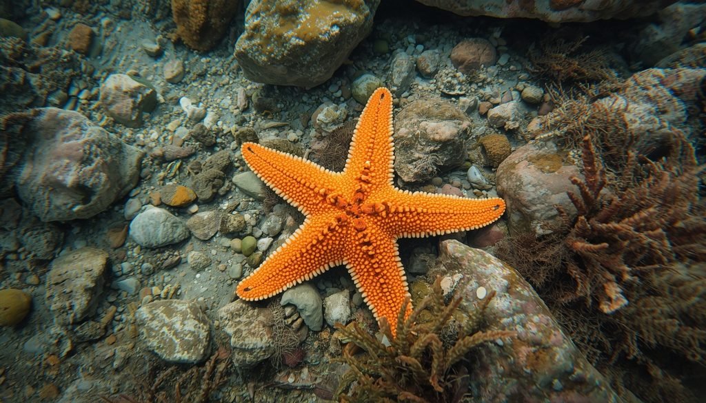 Orange starfish resting on the ocean floor among rocks and marine life