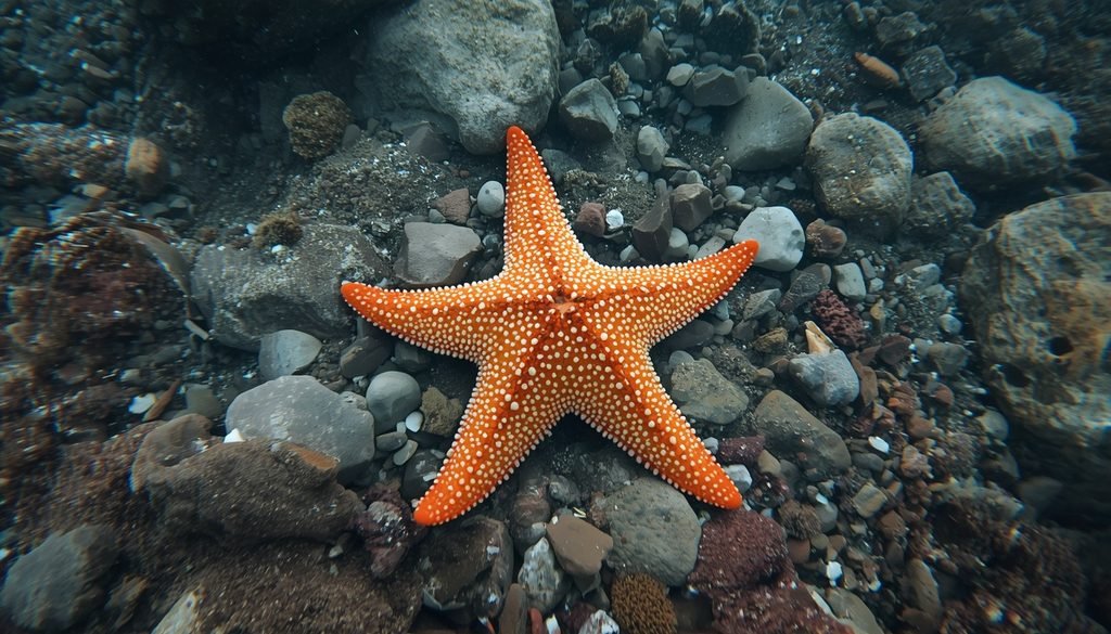 Orange sea star moving across a rocky ocean floor.