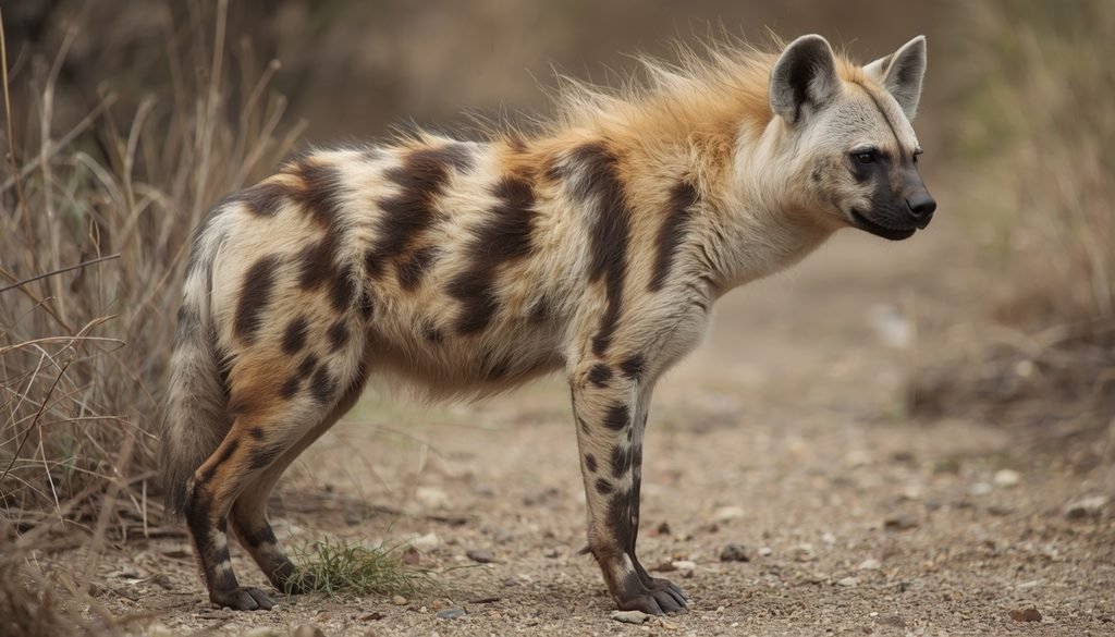 Striped hyena showing dark vertical markings on its pale coat