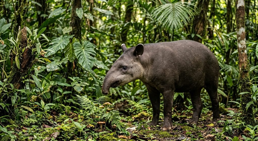 Tapir with small eyes and a flexible snout standing in a tropical forest