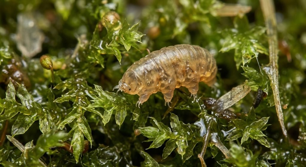  Tiny tardigrade with eight legs crawling across moss.