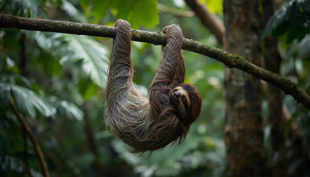 Three-toed sloth hanging slowly from a tree branch in a tropical rainforest