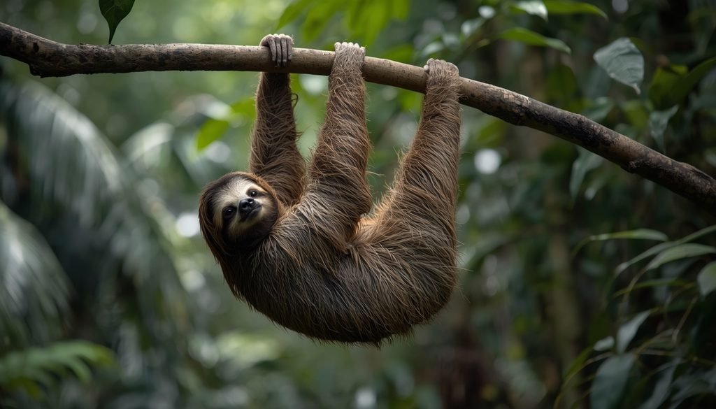 Three-toed sloth hanging from a tree branch in a tropical rainforest.