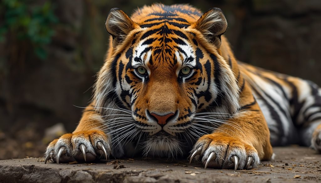 Tiger with sharp retractable claws on its front paws
