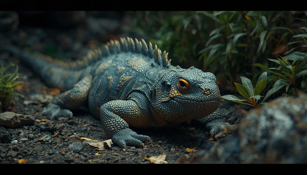 Tuatara resting in its protected New Zealand island habitat