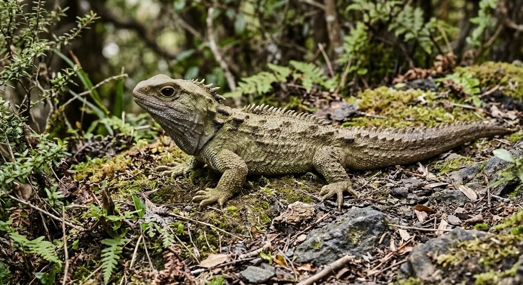 Tuatara reptile with small eyes and textured skin resting on natural ground