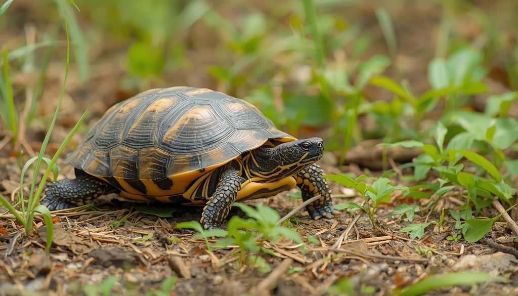 Turtle moving slowly across a natural habitat