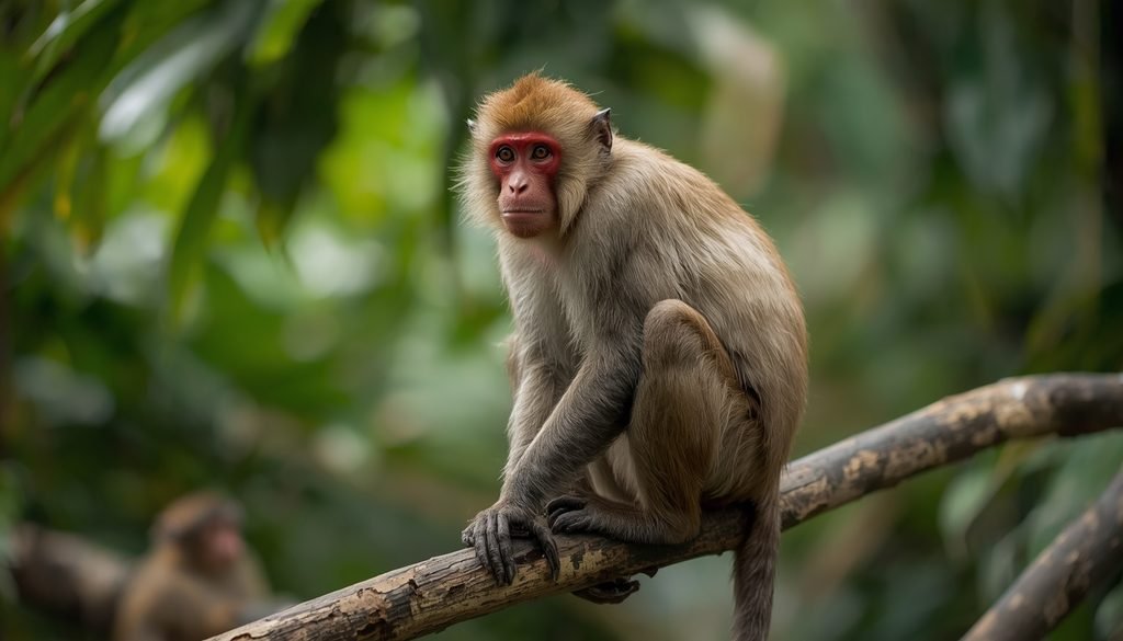 Red-faced uakari monkey sitting on a branch in the Amazon rainforest