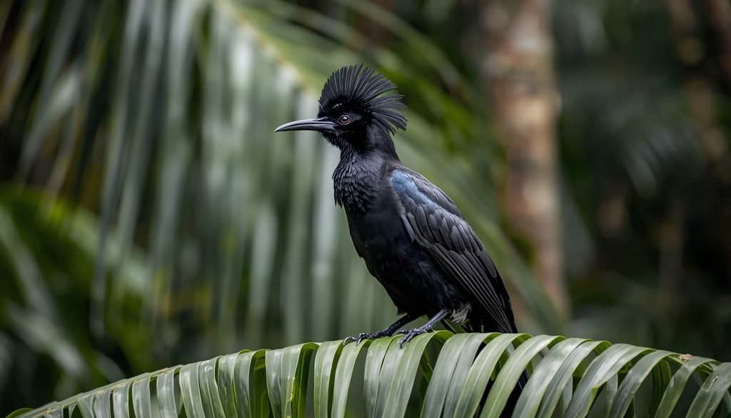 Black umbrellabird with a prominent crest perched in a tropical rainforest