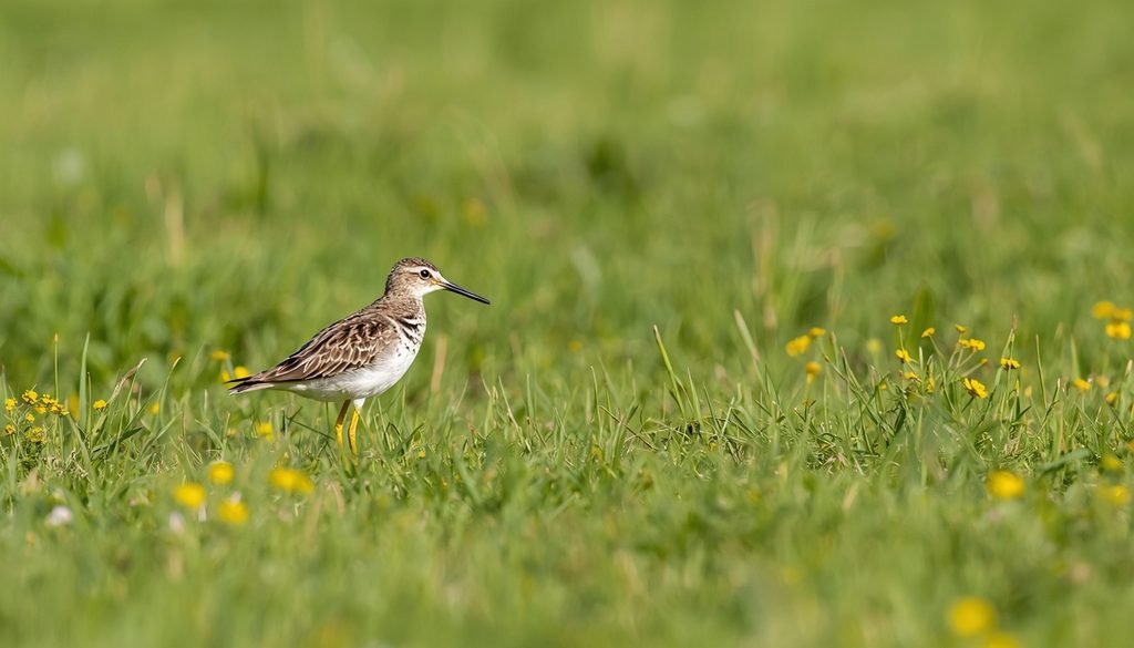 Upland sandpiper standing in an open green grassland