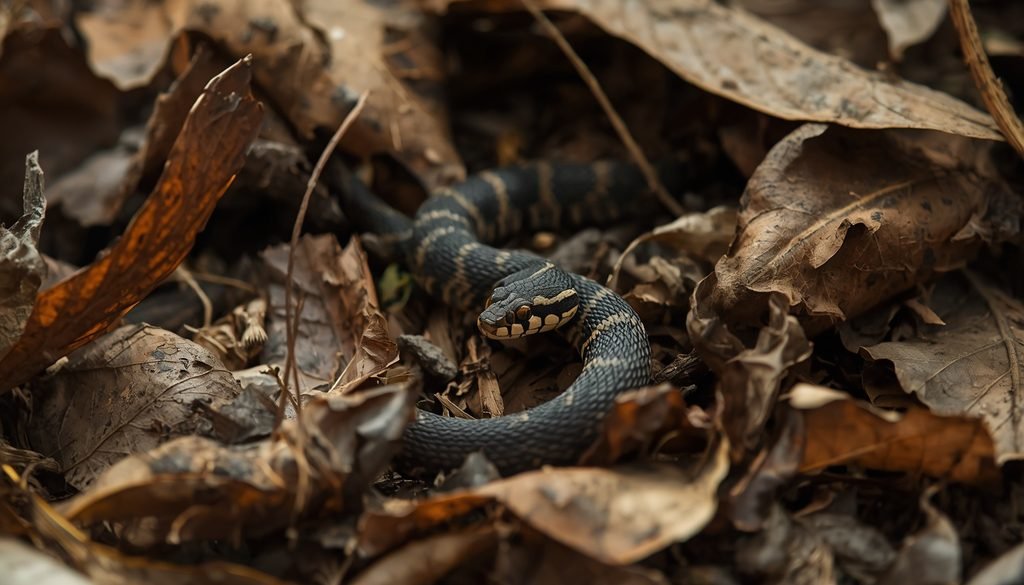 Urutu pit viper resting among dry leaves on the forest floor