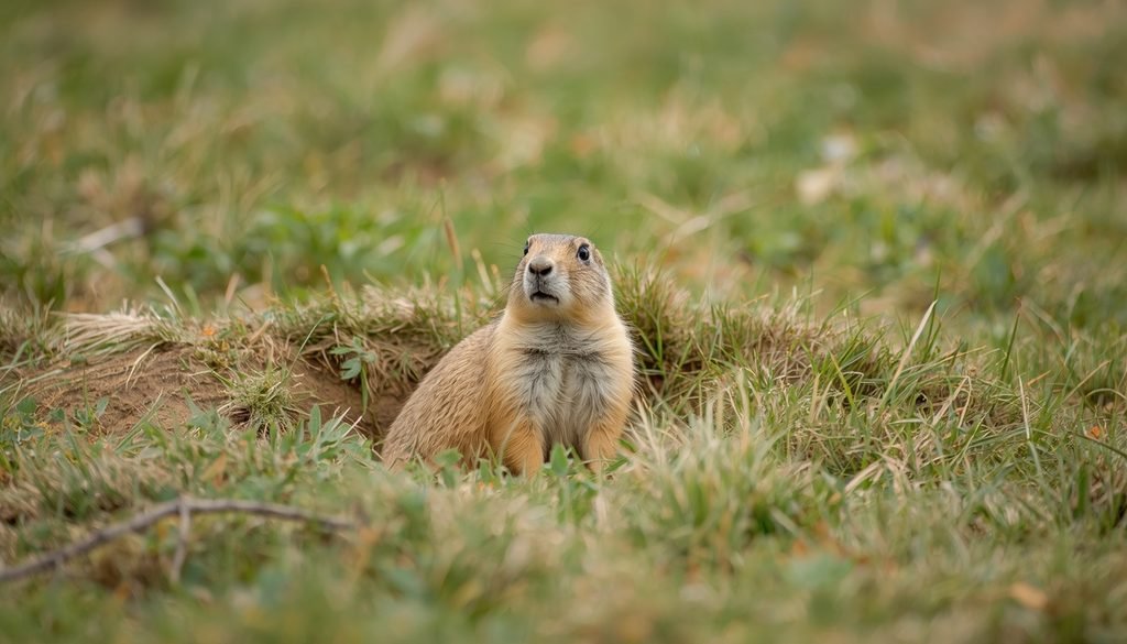 Utah prairie dog standing alert near its burrow in a grassy field