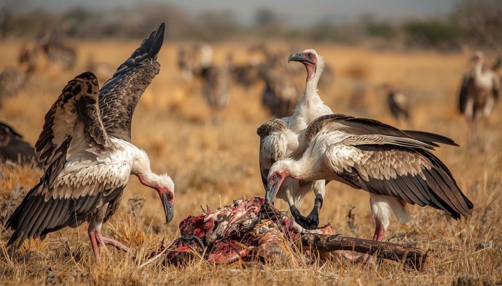 Vultures feeding on a carcass in the African savanna