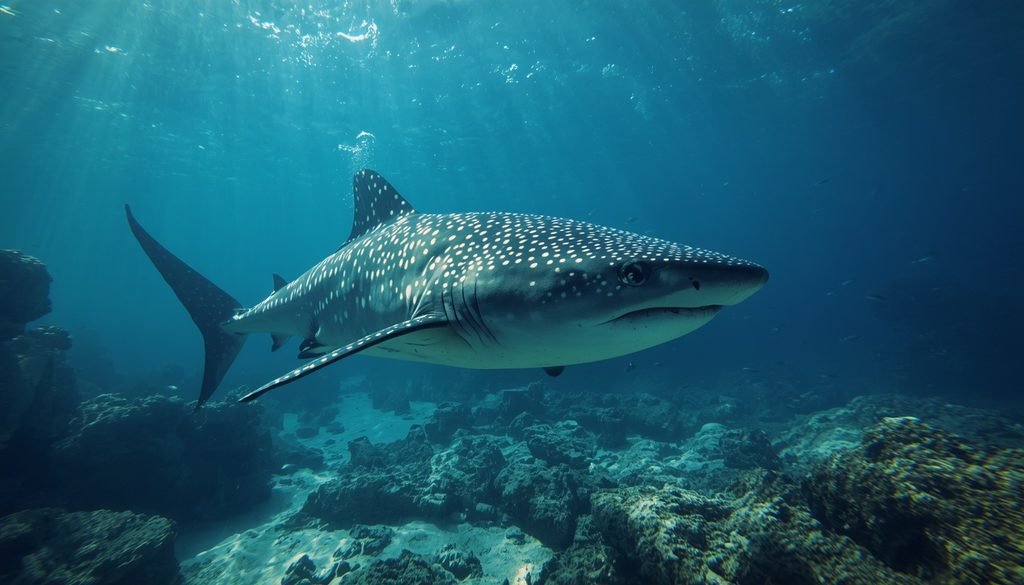 Whale shark with spotted skin swimming in tropical ocean water