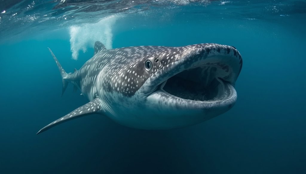 Whale shark swimming with its wide mouth open while filter feeding.