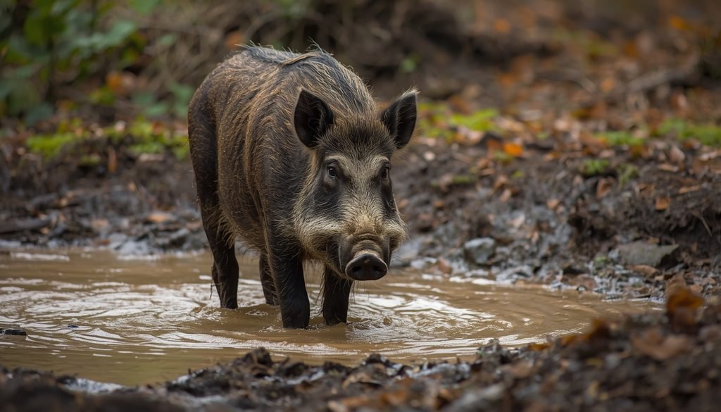 Wild boar standing in a muddy wallow in woodland